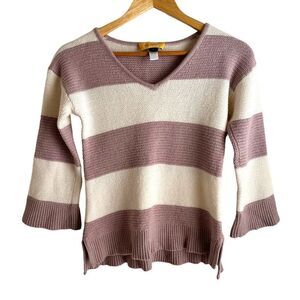 St John Mauve and Cream Striped V-Neck Wool Blend Sweater Size Small